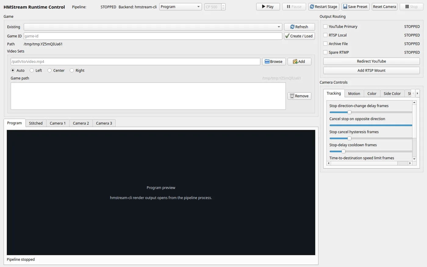 HockeyMONStream desktop runtime controls for game setup, output routing, tracking, and preview